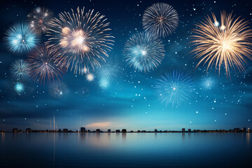 Fototapeta na wymiar Midnight Magic: A Mesmerizing Blue Background Illuminated by Festive Fireworks