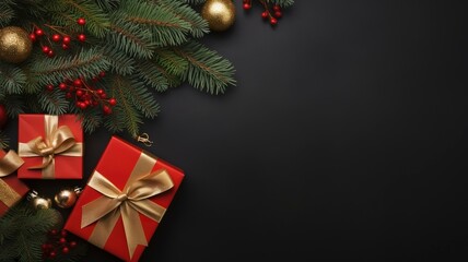 Fototapeta na wymiar Christmas dark black background with beautiful texture and Golden gift box with red ribbon, fir branches, cones, Christmas tree toys stars with generative ai