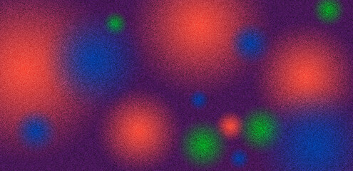 Abstract background with gradient blur and grain noise texture. Multicolor banner with blurry circles. Suitable for social media, print, covers, posters. Wide banner size.