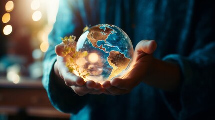 Fototapeta premium Planet Earth in Hands of Man. Environmental Stewardship Concept