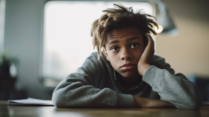A solitary afro teenager looks directly at the camera, revealing the weight of his sorrow while sitting alone in a classroom.