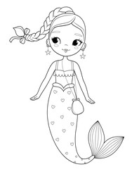 Cute mermaid girl fashion illustration. Outline coloring page illustration for coloring book. Vector outline