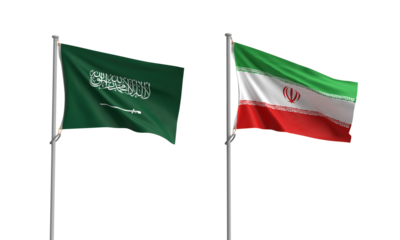 iran saudi arabia flag waving country national white isolated background conflict war military soldier army government politic business crude oil diesel petroleum construction irak relationship qatar 