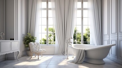 Interior design bathroom with White tub and curtain of window. AI generated image