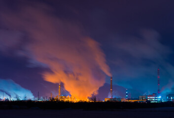 Naklejka na ściany i meble Abstract industrial landscape with smoke and lights