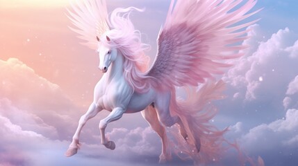 Realistic magical winged pegasus unicorn horse fantasy pastel background. AI generated image - obrazy, fototapety, plakaty