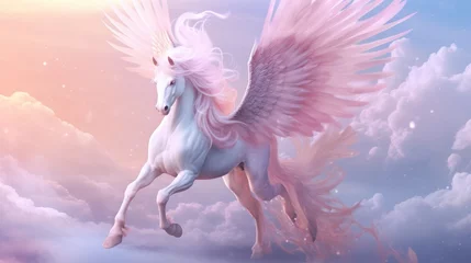 Muurstickers Realistic magical winged pegasus unicorn horse fantasy pastel background. AI generated image © saifur