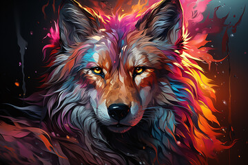 wolf portrait in neon painting style  - obrazy, fototapety, plakaty