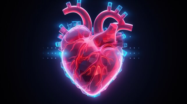 Human heart shape neon glowing light low poly style. AI generated image