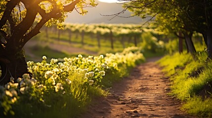 Mesmeric defocused view capturing a vineyard path in spring, grapevines strewn, sunlight