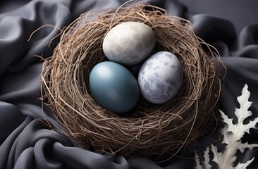 Naklejka na ściany i meble three easter eggs in a nest on grey background,