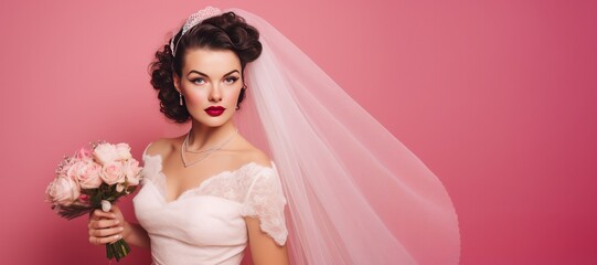 Beautiful Vintage 1940s Bride on a Pink Background with Space for Copy