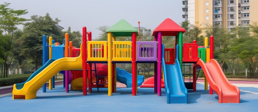 Colorful playground for children in public park, closeup of photo