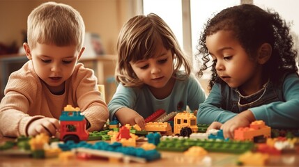 Group of kids playing with colorful plastic blocks at the table in kindergarten