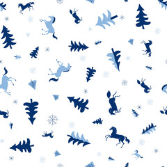 Wild horses in the winter forest, seamless vector pattern
