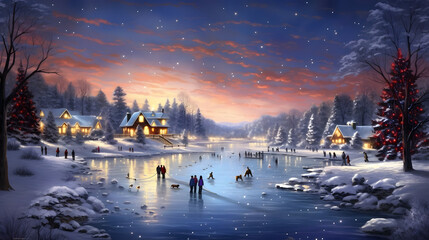 a captivating scene of ice skating on a frozen pond or rink, filled with joyous skaters gliding gracefully, surrounded by winter's beauty, perfectly suited for 16:9 widescreen desktop wallpaper - obrazy, fototapety, plakaty