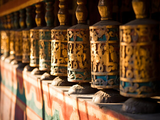 Ornate prayer wheels lined up against a monastery wall.