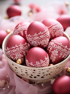 red dyed easter eggs in basket with greenery,