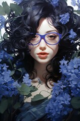 androgynous feminine East Asian person in glasses, squeezing a wisteria flower, cyan eyes, calm whimsical and serene beauty, dark black and light beige, detailed illustration. generative AI