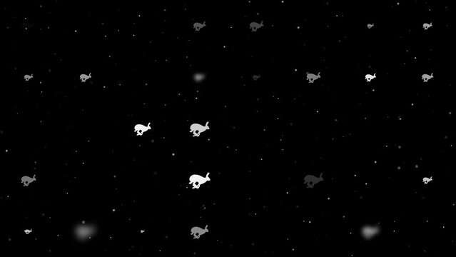 Template animation of evenly spaced hare runs symbols of different sizes and opacity. Animation of transparency and size. Seamless looped 4k animation on black background with stars