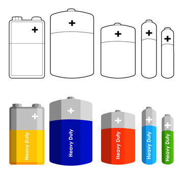 Alkaline Batteries in Sizes AA, AAA, C, D and PP3 Outline and Colour Versions