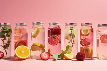 Poster Healthy detox infused water with fruits. Refreshing summer homemade cocktail. © Super2