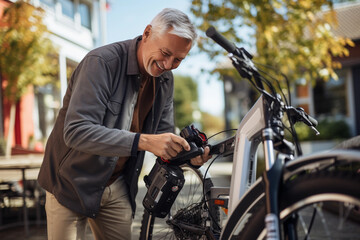 Fototapeta na wymiar Senior man changing battery on electric bicycle