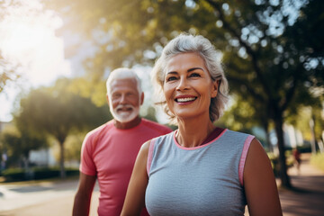 Beautiful mature couple jogging in nature living healthy