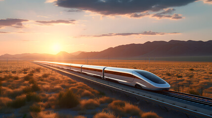 Hyperloop train speeding through a desert landscape at sunset.