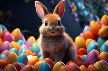 Fototapeta na wymiar the little bunny is sitting among many coloured eggs,
