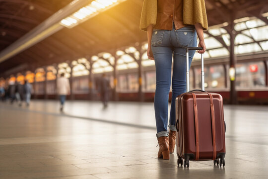 At train station, Young Tourist Girl walk and Dragging luggage suitcase bag, and search hotel at platform. Women waiting for train and planning happy holiday vacation