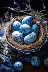 easter blue eggs in an empty nest on dark wood,