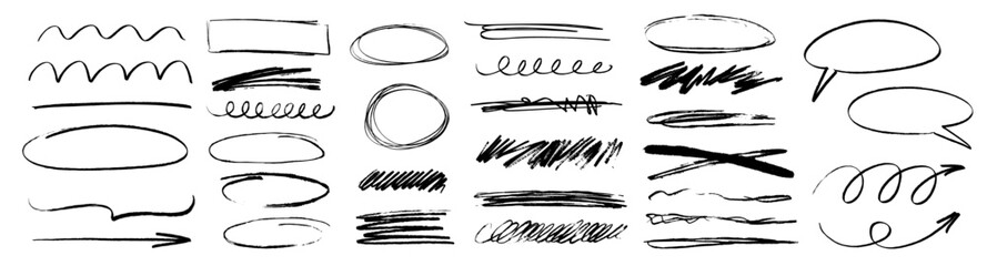 Charcoal scribble stripes, emphasis arrows, handdrawn numbers. Chalk crayon or marker doodle rouge handdrawn scratches. Vector illustration of lines, waves, squiggles in marker sketch style.