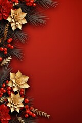 holiday conifers and holly around red paper background,