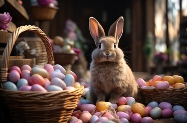 Fototapeta na wymiar a brown rabbit is sitting near baskets and other easter colored eggs,