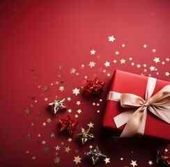 christmas boxes with red ribbon and bows on red background,