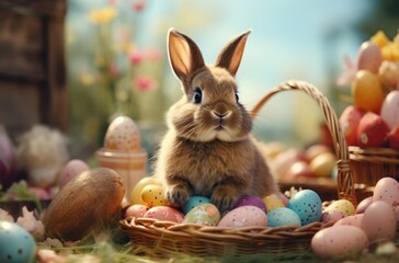 rabbit sitting near easter baskets with easter eggs, - Powered by Adobe