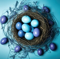 Fototapeta premium blue blue easter eggs nest on flat,