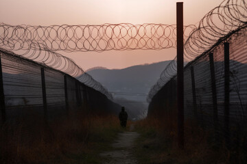 Border crossing in North Korea. Border of South Kore and North Korea. Border control with barbed wire on fence. Border guard, Military man guarding Border. Guard troops and military troop. - obrazy, fototapety, plakaty