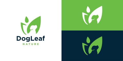 Dog Leaf Logo Design. Creative Eco Dog Logo with Minimalist Style Icon Symbol Vector Illustration.