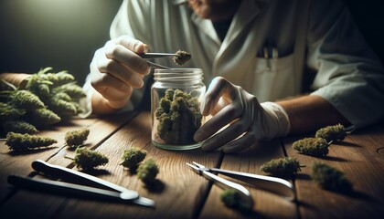 Hands with low CBD medical hemp - placing trimmed weed buds in glass jar - obrazy, fototapety, plakaty