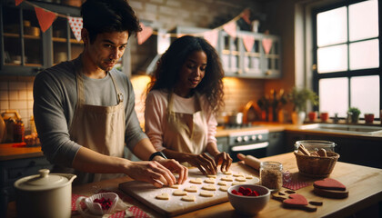 Romantic portrait of a couple baking cookies for Valentine's day