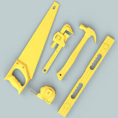 Top view of monochrome construction tools for repair on grey background