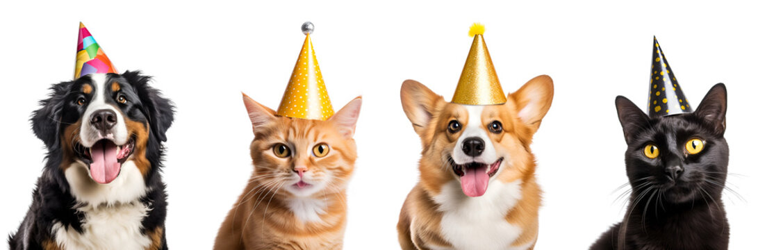 A Happy Birthday Card Featuring Celebrating Pets: A Set of Dogs and Cats in Birthday Caps, Isolated on Transparent Background, PNG