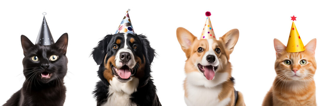 Pets in Party Mode: A Set of Dogs and Cats in Birthday Caps Celebrating a Happy Birthday, Isolated on Transparent Background, PNG