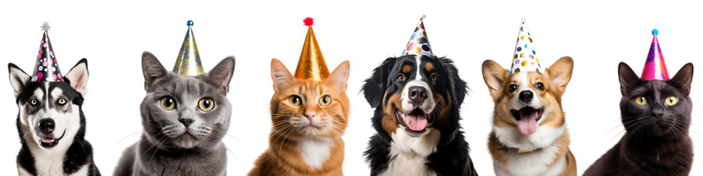 Birthday Cap Wearing Dogs and Cats: A Set of Pets Celebrating on a Happy Birthday Card, Isolated on Transparent Background, PNG