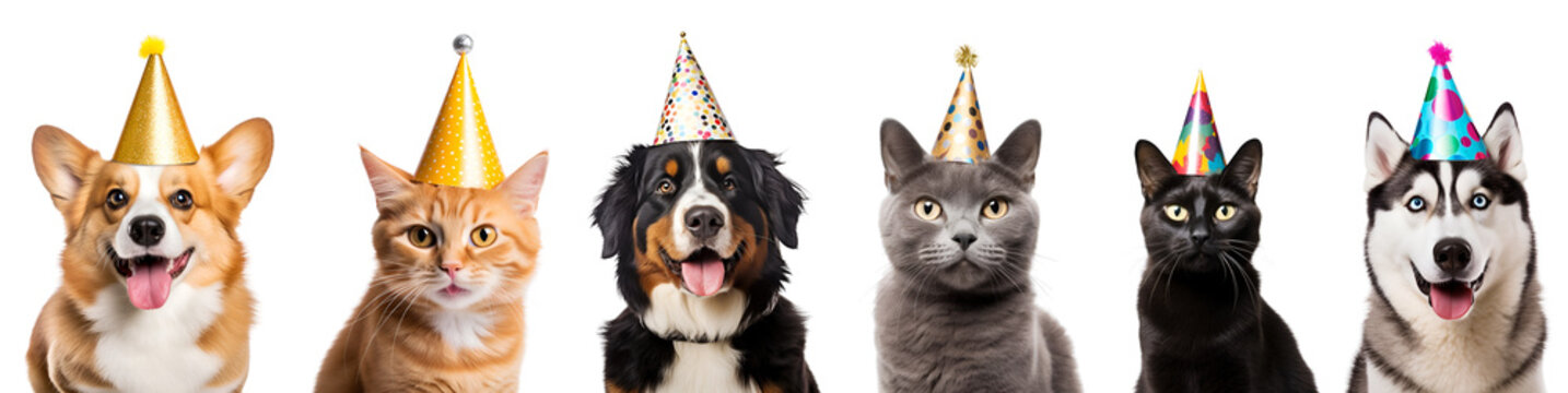 A Set of Celebrating Pets: Dogs and Cats in Birthday Caps for a Happy Birthday Card, Isolated on Transparent Background, PNG