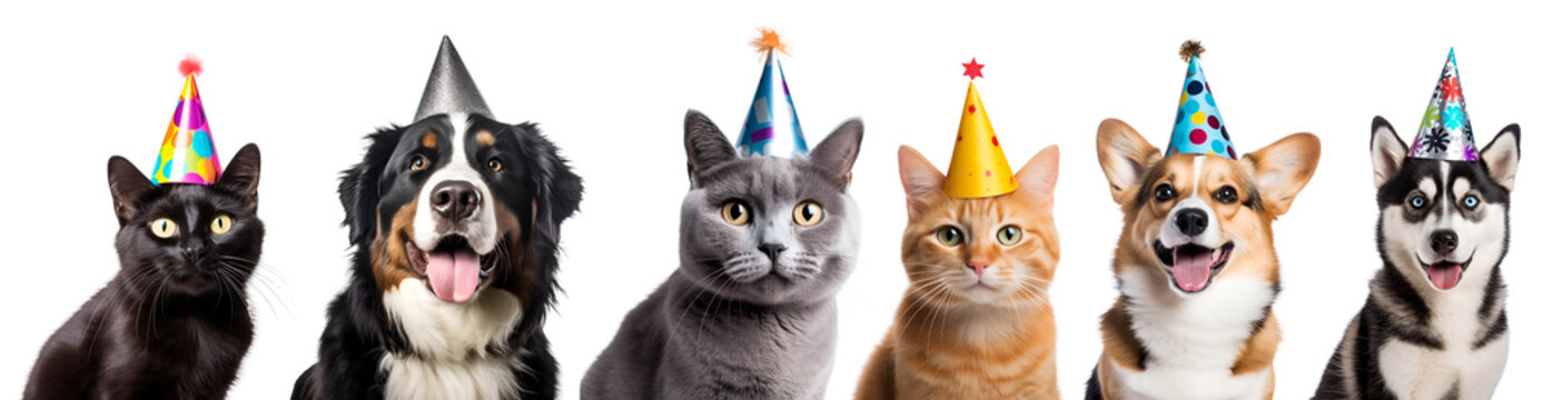 Birthday Celebration with a Set of Dogs and Cats in Caps: A Happy Birthday Card with Pets, Isolated on Transparent Background, PNG