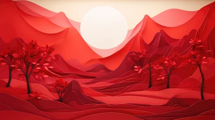 Tuinposter greeting card, crimson abstract landscape in the style of paper sculpture © Victor