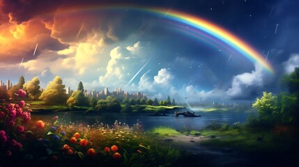 Rainbow after a summer rain - obrazy, fototapety, plakaty